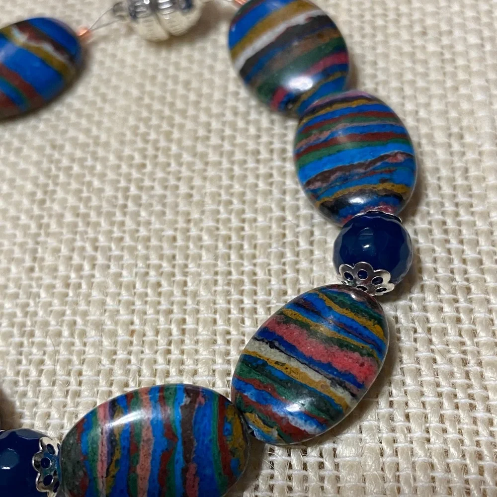 Natural genuine Rainbow Calsillica gemstone artisan Beaded 7.5” Bracelet